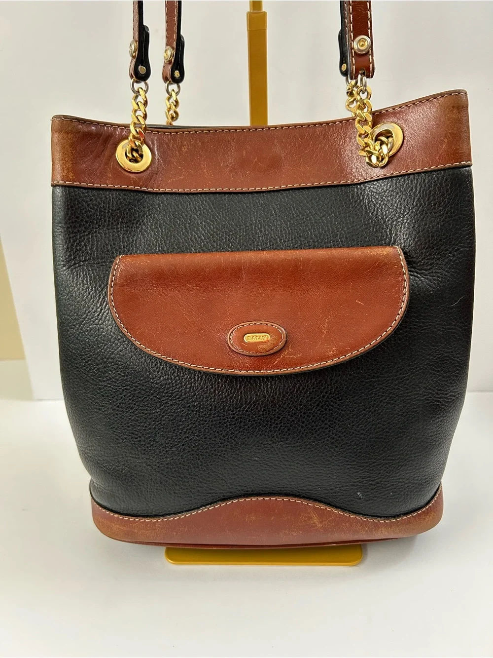 BALLY Vintage 80’s Two-Tone Black and Brown Bucket Leather Shoulder Bag
